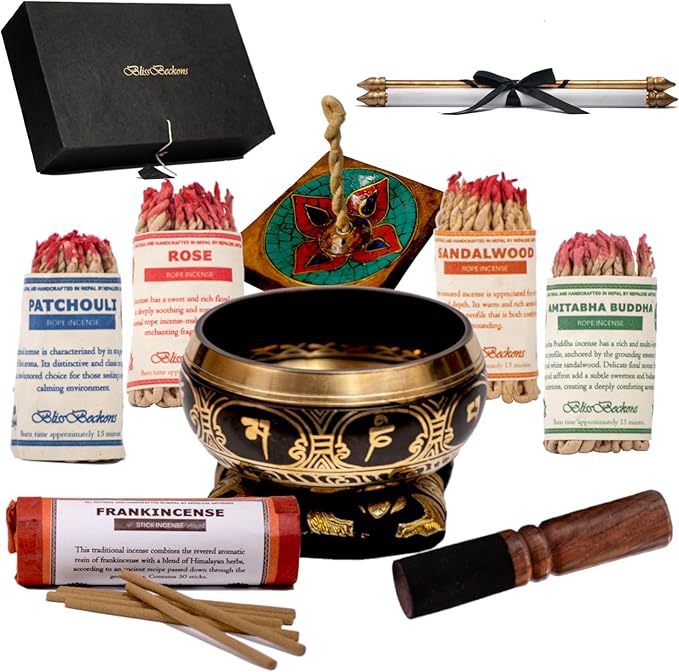 Meditation Accessories Gift Set With Guide: 4.5" Tibetan Singing Bowl Set,150 pcs Handmade Incense Variety Pack: Frankincense, Patchouli, Amitabha Buddha, Rose, Sandalwood, With Incense Holder - Bloomnest