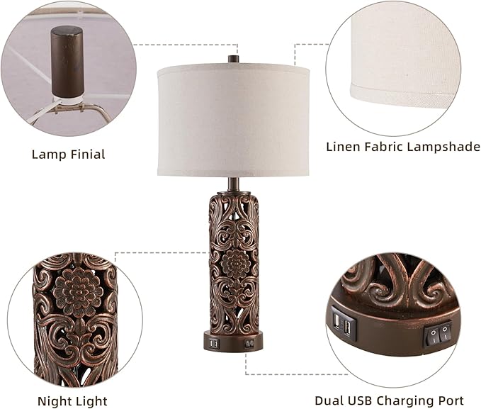 Farmhouse Table Lamps Set of 2, Vintage Lamp for Living Room and 2 USB Ports Bedside Lamp with Nightlight for Bedroom, Dark Brown Hollow Out Resin Nightstand Lamp, 2 Bulbs Included - Bloomnest