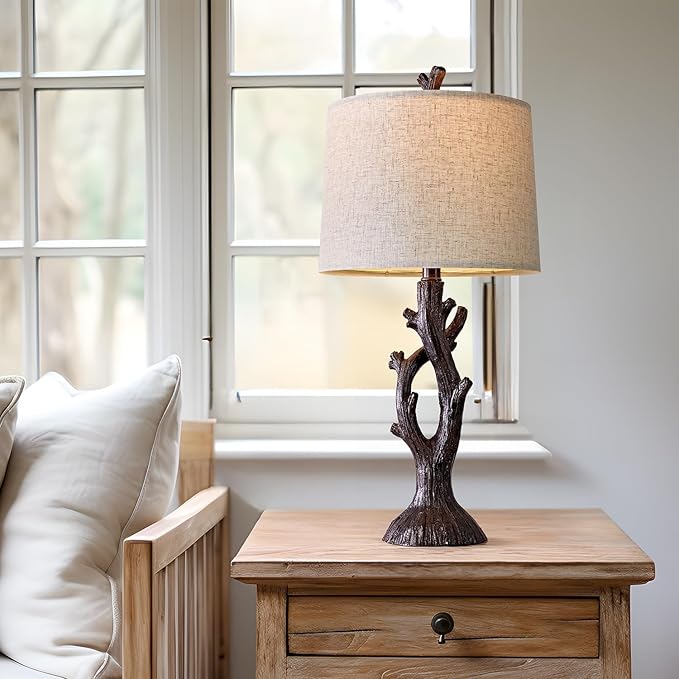 OYEARS 25" Farmhouse Table Lamp Set of 2 for Living Room Bedroom Resin Bedside Tree Lamp Nightstand End Table Lamps Vintage Natural Style - Bloomnest