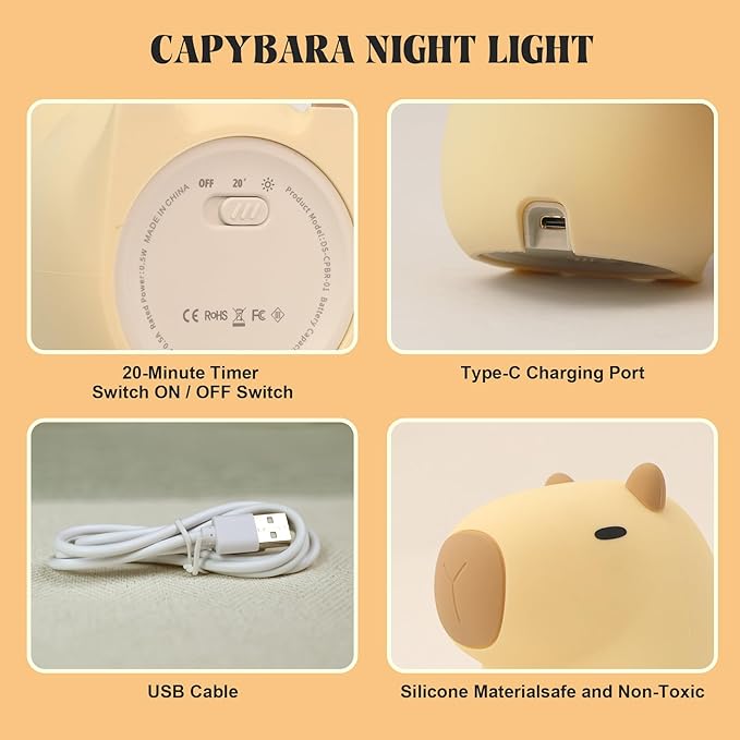YuanDian Capybara Night Light - Adorable Silicone Lamp for Kids, Babies, Adults | Cute Capybara Gift, Nursery Bedroom Decor - Bloomnest