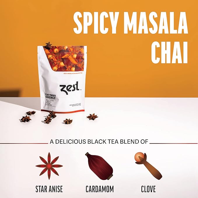 Zest Energy Black Tea - Spicy Masala Chai Loose Leaf Blend - High Caffeine Cardamom Ginger Tea with Cinnamon - Caffeinated Coffee Altnernative - Natural, Non-GMO & Keto - 50 Servings - 150mg Caf - Bloomnest