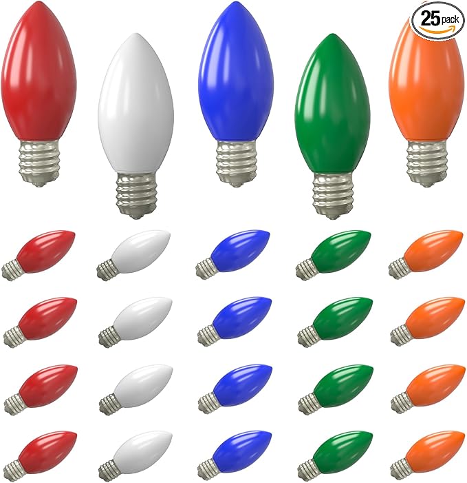 SUNSGNE C9 LED Christmas Multicolor Replacement Light Bulbs, 25 Pack Vintage Shatterproof Colored Christmas Light Bulbs, E17 Intermediate Base - Bloomnest