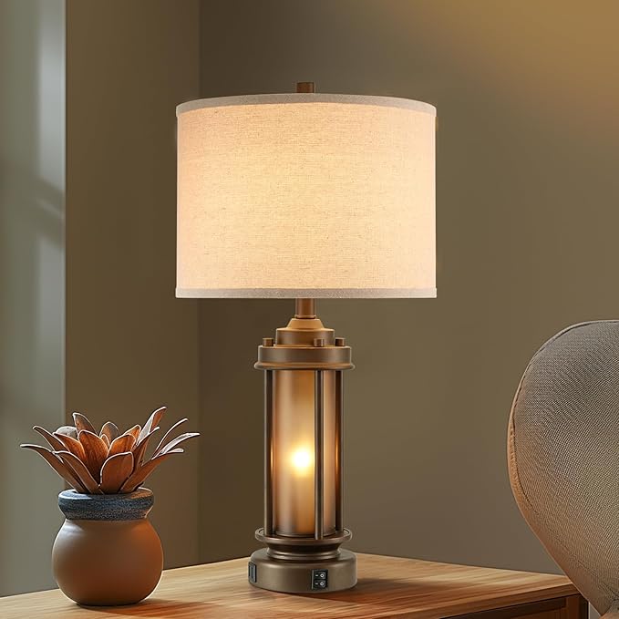Set of 2 Farmhouse Table Lamps for Living Room, Rustic Vintage Bedside Lamps with 2 USB Ports, Bedroom Nightstand Lamp with Amber Glass Nightlight for End Table Entryway, 4 Bulbs Includes - Bloomnest