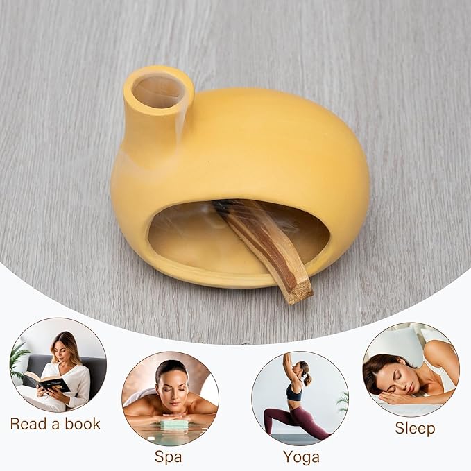 Yellow Palo Santo Holder with Chimney–Mini Fireplace Incense Burner for Sage Burning, Wood Sticks, Cones&Tealights-Handcrafted Ceramic Smudge Bowl,Aromatic Incense Burner-Yoga Meditation Gift - Bloomnest