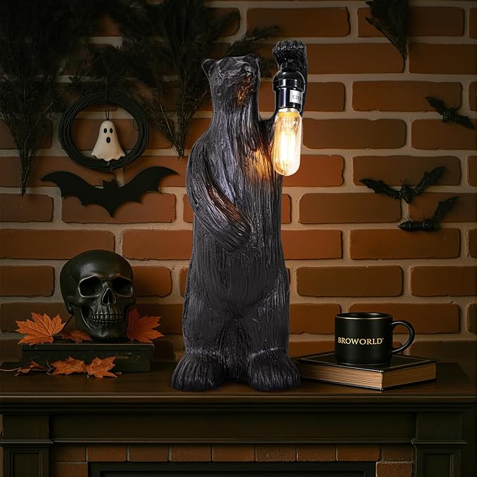 Scenekoy Bear Table Lamp for Living Room Bedroom, Memory Function, 3 Way Cycling Dimming, Resin Gothic Style Bedside Nightstand Lamps, Rustic Night Light Home Room Decor (Bulb Included) - Bloomnest