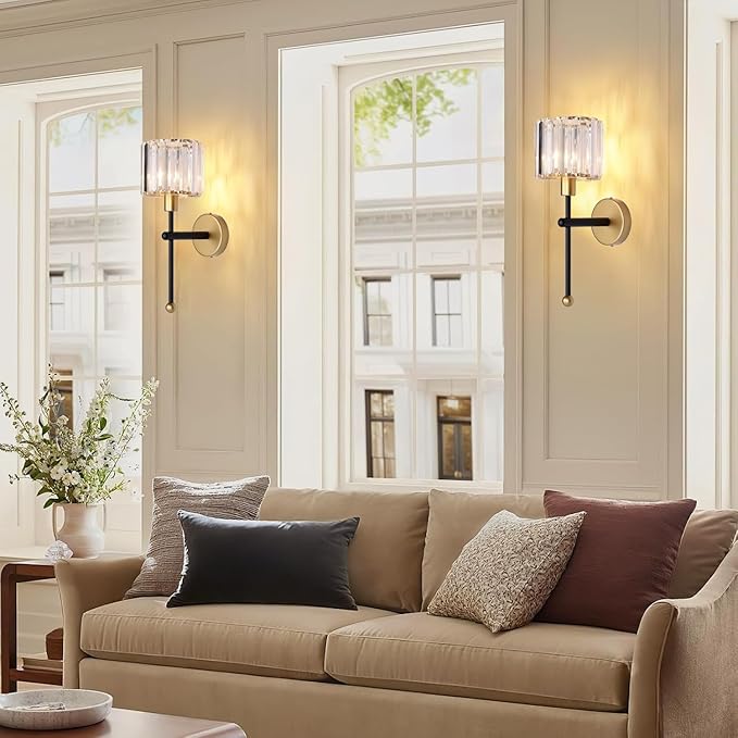 Modern Glass Crystal Wall Sconces Battery Operated Set of 2, Gold Rechargeable Wall Lights with Remote,Non Hardwired Clear Wall Lighting Fixture Black for Bedroom Bathroom Living Room Porch - Bloomnest