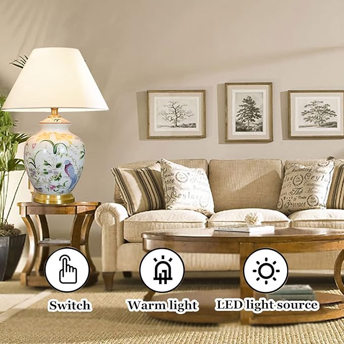 Chinoiserie Ceramic LED Table Lamp, American Flower&Bird Bedside Lamp, Classic White Fabric Lampshade Desk Nightstand Lamp for Bedroom Living Room Office College Bookcase - Bloomnest