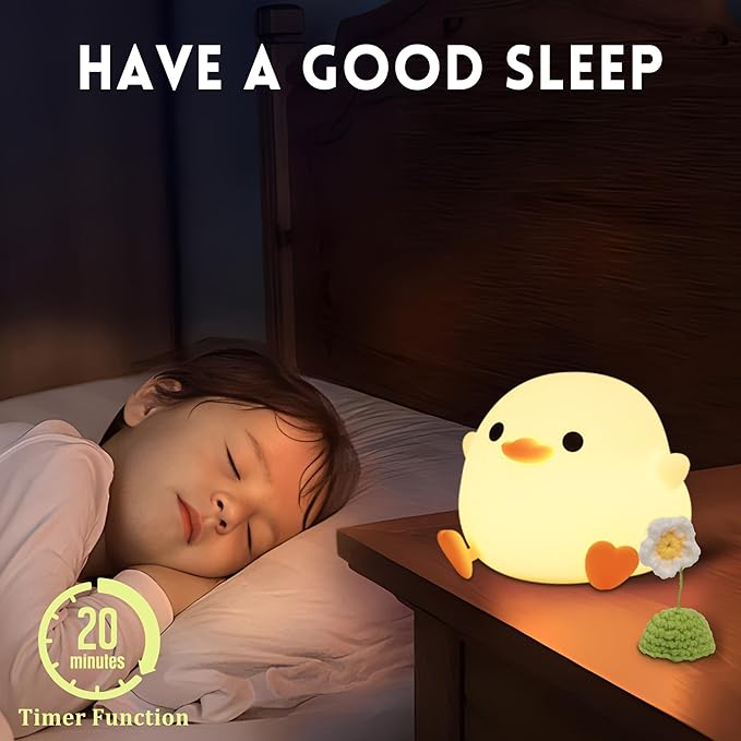 Dodo Duck Night Light, Cute Flower Duck Nursery Lamp, Portable USB Rechargeable Timer Dimmable, Silicone LED Bedside Nightlight, Best Home Bedroom Decor Gift to Kids - Bloomnest