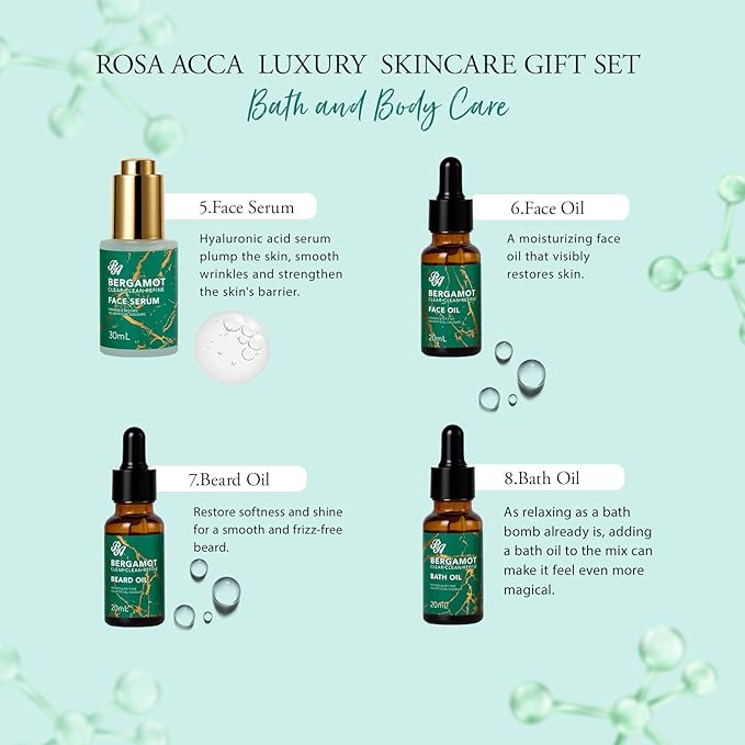 Men Bergamot Facial Skin Care Set, 21 Pcs Beard Grooming Kit, Bath and Body Gift Set, Cleanser, Beard Oil, Serum, Face Cream, Birthday, Christmas, Valentines, Father Day, Husband, Dad, Boyfriend