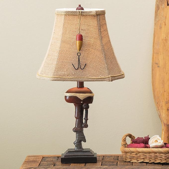 BLACK FOREST DECOR Outboard Accent Table Lamp – Rustic Boat Motor Fishing Lamp with Linen Shade – 11" W x 8.2" D x 20" H - Bloomnest