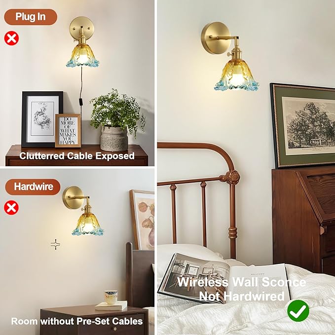 2 Pack Vintage Battery Operated Wall Sconces, Cabbage Yellow Lampshade & 180 Degree Adjustable, Wireless Rechargeable RGB Wall Light with Remote Control, for Bedroom Living Room Hallway Aisle - Bloomnest
