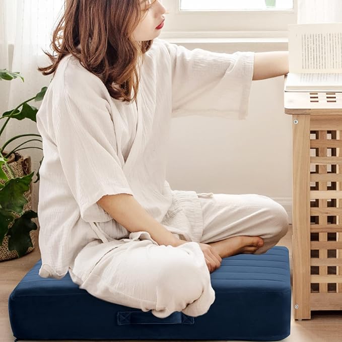 MeMoreCool Square Floor Pillow for Adults and Kids, Large Meditation Cushion with Thick Foam and Washable Tufted Cover, 24-Inch Navy Seat for Yoga and Sitting