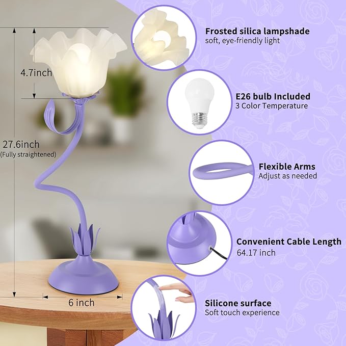 Cute Flower Desk Lamp, 3 Color Temperature Table Lamp with LED Bulb, Vintage Bedside Lamps, Reading Lamps with Soft Light for Bedroom, Living Room（Purple） - Bloomnest