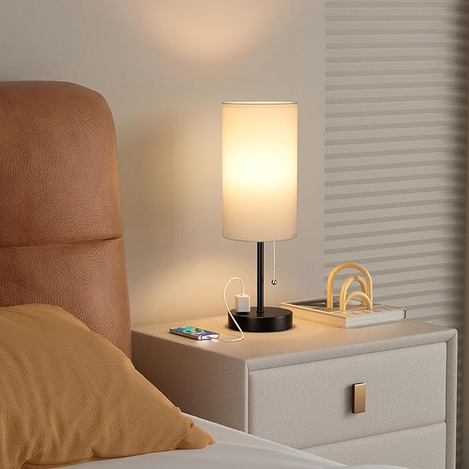 17.4Inches White Bedside Lamp for Bedroom Nightstand - Tall Lamp with USB A + C Charging Port & AC Outlet, 3 Color Temperatures Pull Chain, Side Desk Reading Light for Living Room - Bloomnest