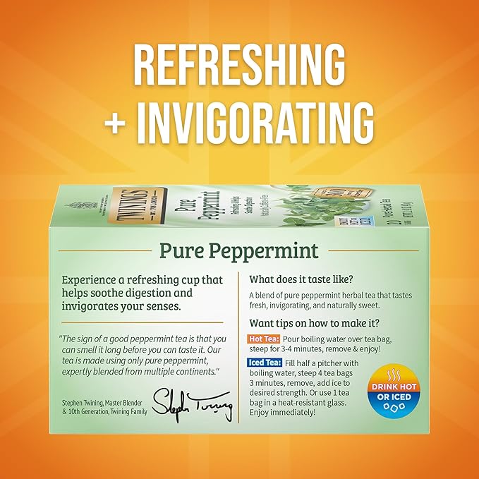 Twinings Pure Peppermint Herbal Tea Individually Wrapped Bags, 20 Count (Pack of 1), Fresh Minty Flavour, Naturally Caffeine-Free, Enjoy Hot or Iced, 20 Teabags - Bloomnest