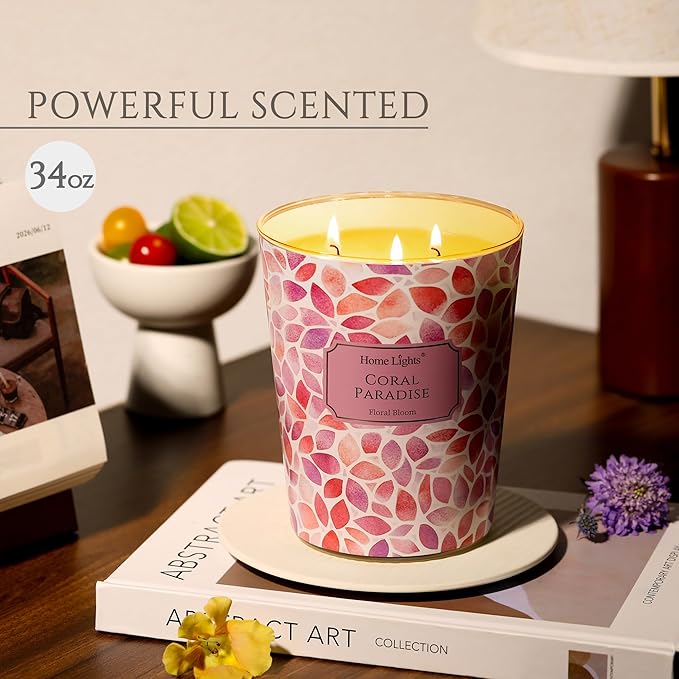 HomeLights Coral Paradise Scented Candles | 34oz Soy Candles Bohemian Natural Textures 3-Wick Large Candle Jars | Ideal Candle Gifts for Events, Home Decor Stress, Relief & Relaxation - Bloomnest