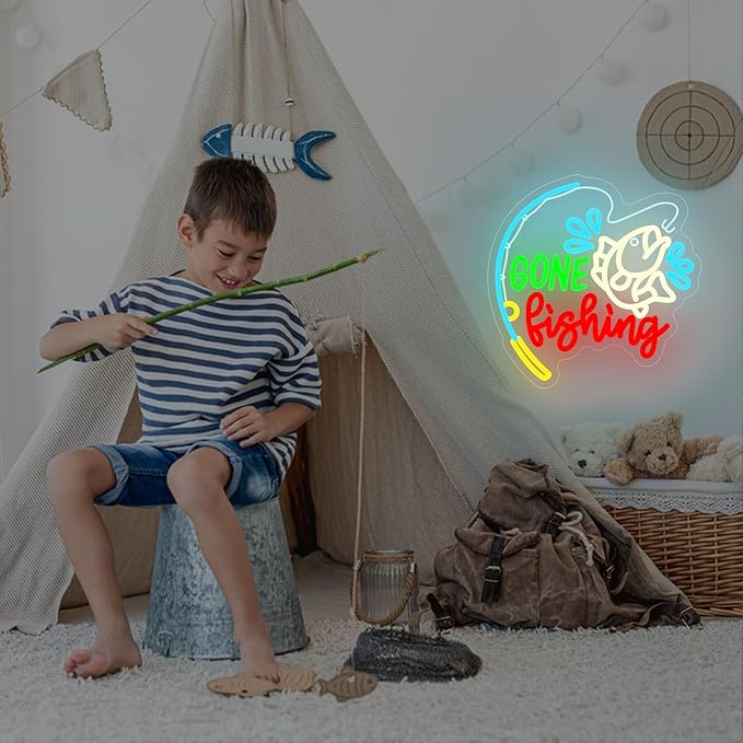 Fishing Neon Sign Dimmable Gone Fishing Neon Sign for Wall Decor Fish On Led Sign Fish Neon Light Up Sign for Bedroom Kids Room Living Room Xmas Gift Party - Bloomnest