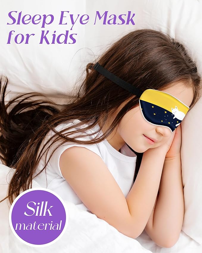 Sleep Mask for Kids - Cute Kawaii Cartoon Silk Sleeping Mask with Adjustable Strap Soft Smooth Light Eye Mask for Sleeping Silk Kids Eye Cover for Boys Girls Teens, Sleep Cat - Bloomnest