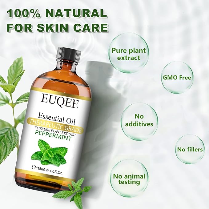 EUQEE Peppermint Essential Oil 118 ml Pure Peppermint Oil with Glass Dropper, Great for Aromatherapy, Diffuser, Soap Candle Making - 4Fl. Oz - Bloomnest