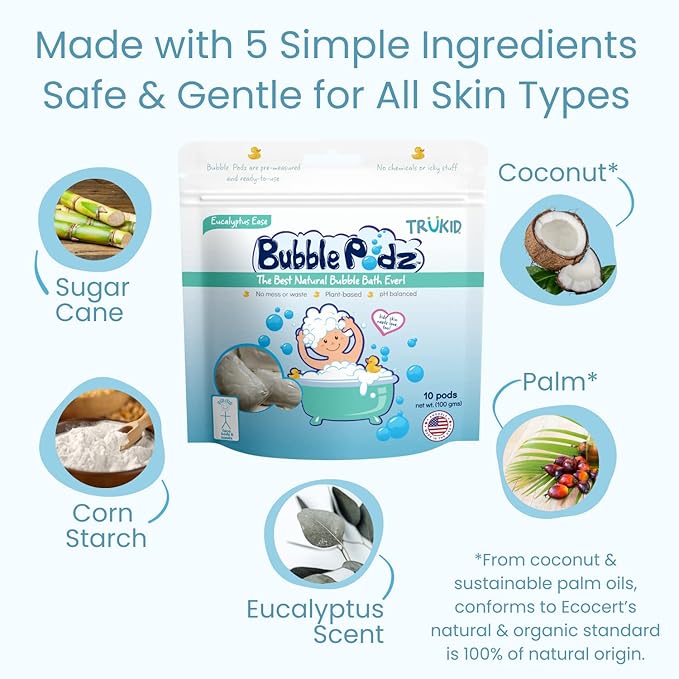 TruKid Bubble Podz Bubble Bath for Kids, Toddlers, & Babies, Tear Free Gentle & Refreshing Bath Bomb for Sensitive Skin with Natural Moisturizers, Non-Toxic, pH Balanced, Eucalyptus Scent (60 Podz) - Bloomnest