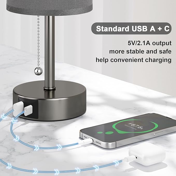 Grey Bedside Lamp for Bedroom Nightstand - Small Table Lamp with USB A + C Charging Port, 3 Color Temperatures Pull Chain Night Stand Light, Side Table Desk Reading Lamp for Living Room/Study Room - Bloomnest