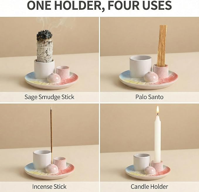 Palo Santo Sticks Holder, Multi-Purpose Handmade Ceramic Incense Burner for Palo Santo Incense Sticks, Sage Holder for Burning, Ash Catcher Tray for Meditation Yoga Room-4 Mixed Colors ToolSentryX