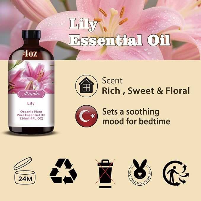 Lily Fragrance Oil-Lily Essential Oil 4.33oz (130ml)-100% Pure Natural Scent for Diffusers, Candles, Soap Making & Aromatherapy-Relaxing Home & Gift Essential Oil for Bath, Massage - Bloomnest