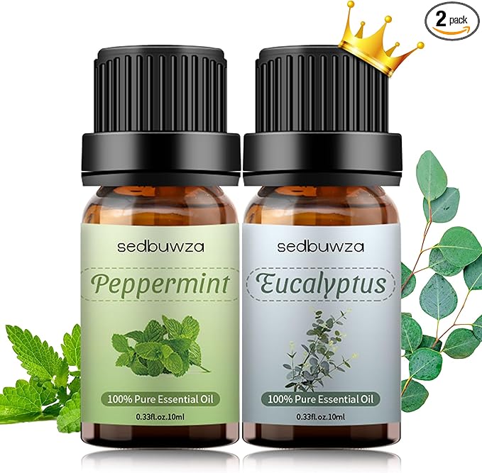 Sedbuwza Peppermint Eucalyptus Essential Oil Set, Peppermint Fragrance Oil Eucalyptus Scent Oil Set for Diffuser, Aromatherapy, Massage, Soap, Candle Making 2 x 10 ml Sedbuwza