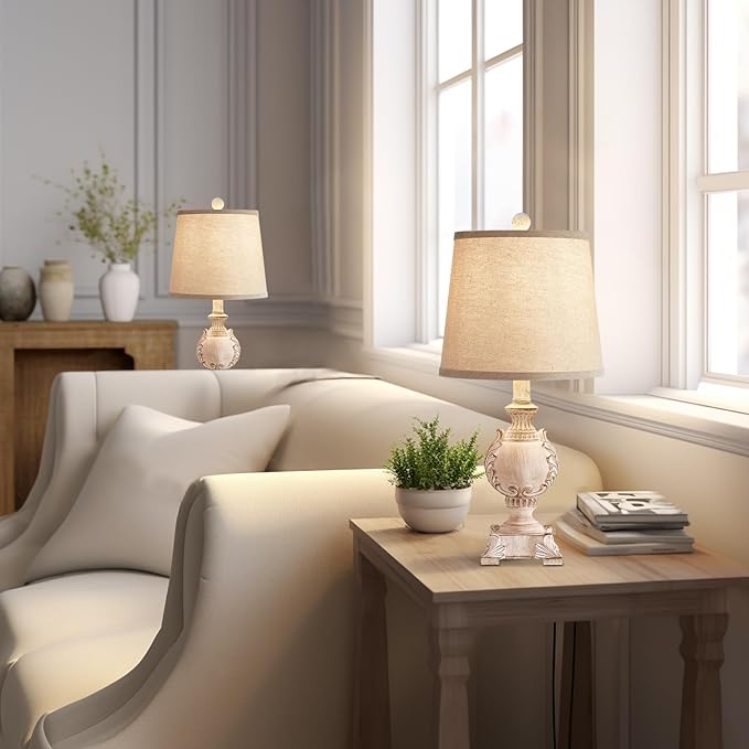 21'' Small Table Lamps Set of 2 Farmhouse Bedside Lamps for Bedroom Nightstand Vintage Carved Floral Side Table Lamps for Living Room Kids Home Office, Wooden Finish, Bulb Not Include - Bloomnest