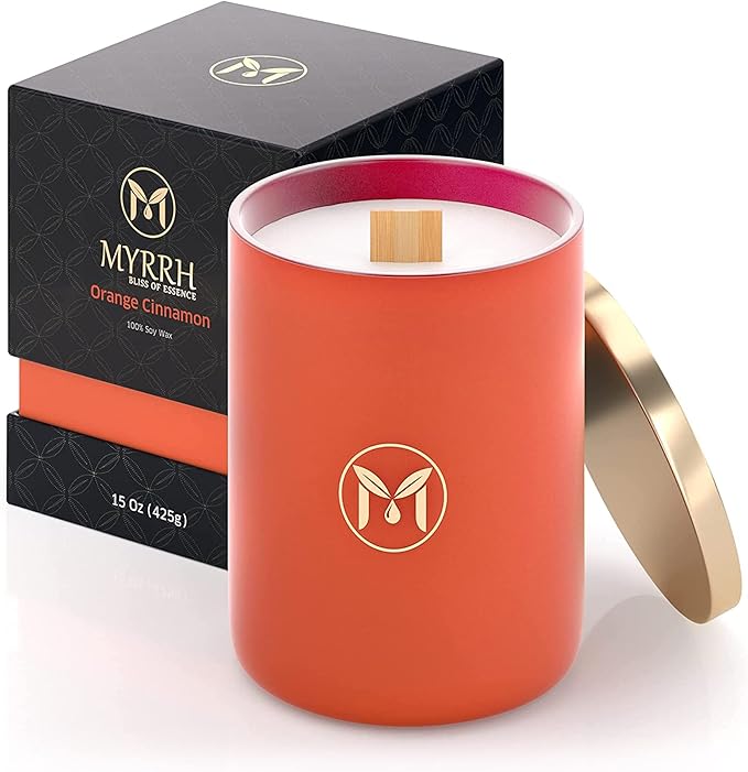 MyrrhUSA Orange Cinnamon Scented Candle – 15oz Natural Soy Wax with Crackling Wooden Wick & Essential Oil | 80 Hour Burn | Luxury Aromatherapy Candle for Relaxation, Home Décor, Living Room & Bathroom - Bloomnest
