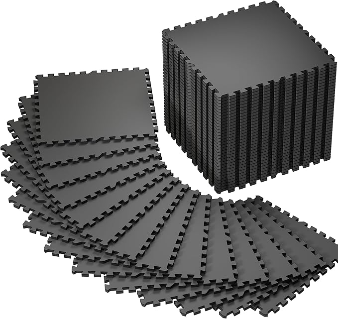SUPERJARE 0.56'' Thick 48 Pcs 192 Sq Ft Rubber Top Exercise Equipment Mats, High Density EVA Foam Mats with Rubber Top, Interlocking Gym Flooring for Home Gym, Protective Workout Mat, Black - Bloomnest