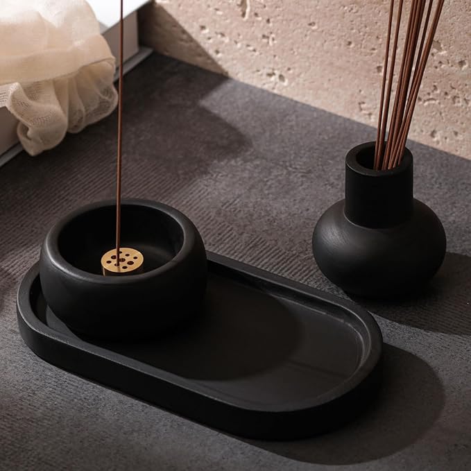 Concrete Incense Burner Set with Holder and Tray,Multifunction Incense Holder for Burning Sage,Palo Santo,Incense Sticks,Ideal for Meditation Home Decor(Black) - Bloomnest