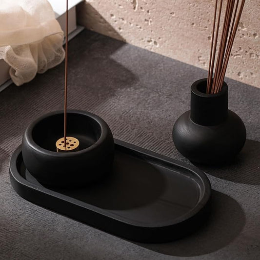 Concrete Incense Burner Set with Holder and Tray,Multifunction Incense Holder for Burning Sage,Palo Santo,Incense Sticks,Ideal for Meditation Home Decor(Black) - Bloomnest