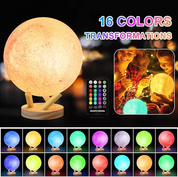 Moon Lamp, 6 Inch Sliding Control Moon Light, Kids Night Light, 16 Colors Moon Night Light with Unique Stand, Timing, USB Rechargeable, Room Decor, Christmas Birthday Gifts for Kid Women Friends Lover - Bloomnest