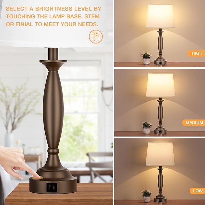 Seealle White Brown Lamps for Bedrooms Set of 2 - Touch Control Bedside Lamp with USB C+A, 3 Way Dimmable Nightstand Lamps with USB Port, Table Lamp for Living Room(White Shade and Brown Base) - Bloomnest