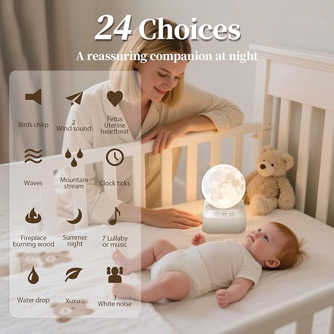 White Noise Sleep Machine with Moon Lamp Night Light,24 Soothing Sounds,Adjustable RGB Color Changing,Sleep Aid for Babies & Adults,Timer & Type-C Rechargeable,Reduces Stress & Improves Sleep Quality - Bloomnest
