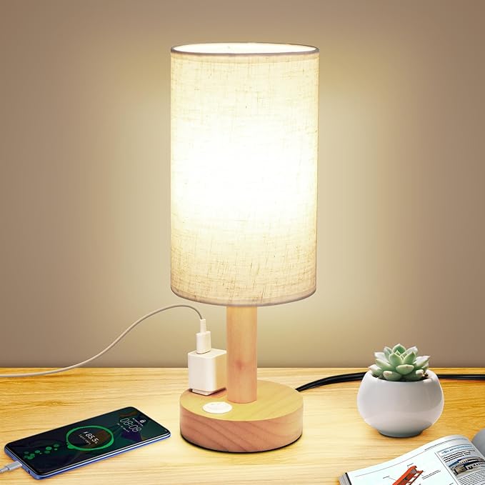 Small Bedside Table Lamp with AC Outlet,Natural Round Wood Base&Fabric Linen Shade,Cozy Night Table Light for Study Reading,Minimalist Boho Desk Lamp for Nightstand,Living Room,Nursery,Kitchen,Dorm - Bloomnest