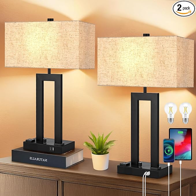 Modern Table Lamps Set of 2-22" Tall Bedside Lamps with USB-C/USB-A Charge Ports & Outlet, Stepless Dimmable Fabric Cream Shade Nightstand Lamps for Bedroom & Living Room - Bloomnest