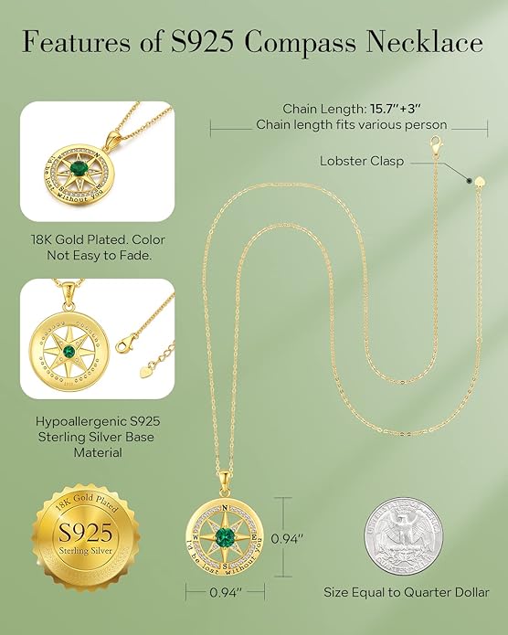 S925 Necklace Gift for Wife |Compass Jewelry |Women Anniversary |Sterling Silver |Girlfriend Birthday Gifts for Her Valentines |I'd be Lost without You |Jewel 18K Gold - Bloomnest