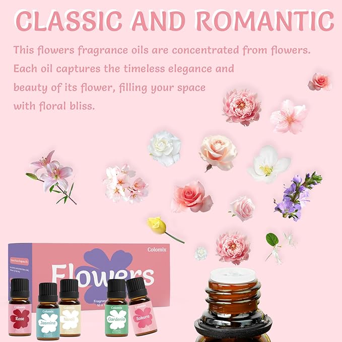 Floral Fragrance Oils Set, 10ml x 10, Scented Essential Oils for Diffusers for Home– Jasmine, Sakura, Rose Oil & More, Summer Fresh Scents for Candle Making, Soap Making, Diffuser Oil Scents - Bloomnest