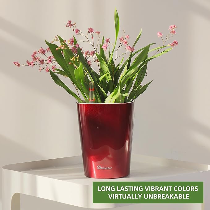 Dexceder 6x7 Self Watering Planter Indoor Outdoor, High Gloss Table Flower Plant Pot with Water Level Indicator (Wine Red) - Bloomnest