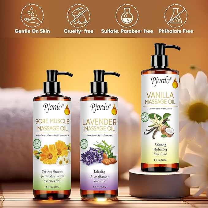 3 Pack Massage Oil for Massage Therapy, Vanilla Oil, Sore Muscle Arnica Oil, Lavender Massage Oil for Skin, Massage Roller Ball, Relaxing Massage Kit, Spa Gift Set for Him Her - Bloomnest