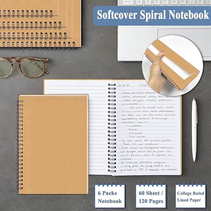 12Pack Small Spiral Notebook A5, 8.25x5.5” 120 Lined Pages Brown Wide Ruled Spiral Journal Bulk Blank Kraft Cover Spiral Bound Notebook & Writing Pads for Home Office Meeting Work Note Taking - Bloomnest