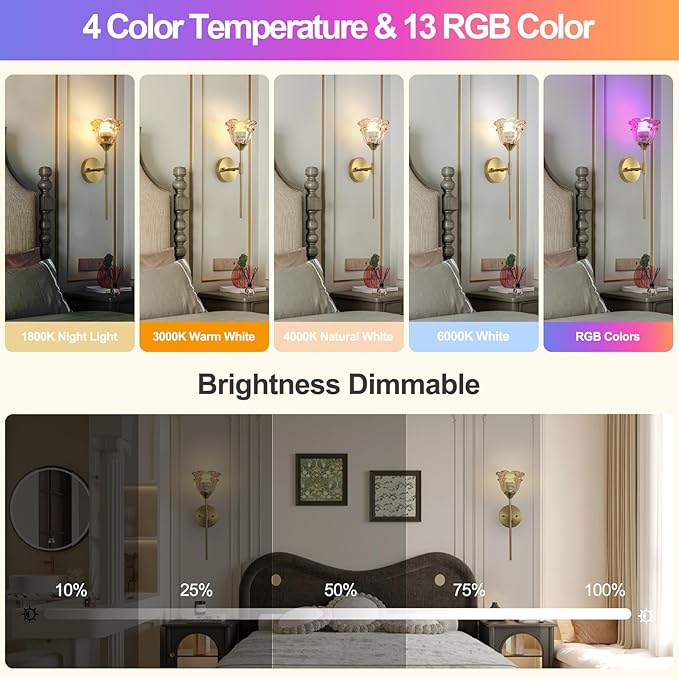 2 Pack Battery Operated Wall Sconce with Amber Glass Shades, Wireless Rechargeable RGB Wall Light with Remote Control, for Bedroom Mirror Living Room, ETL Listed - Bloomnest