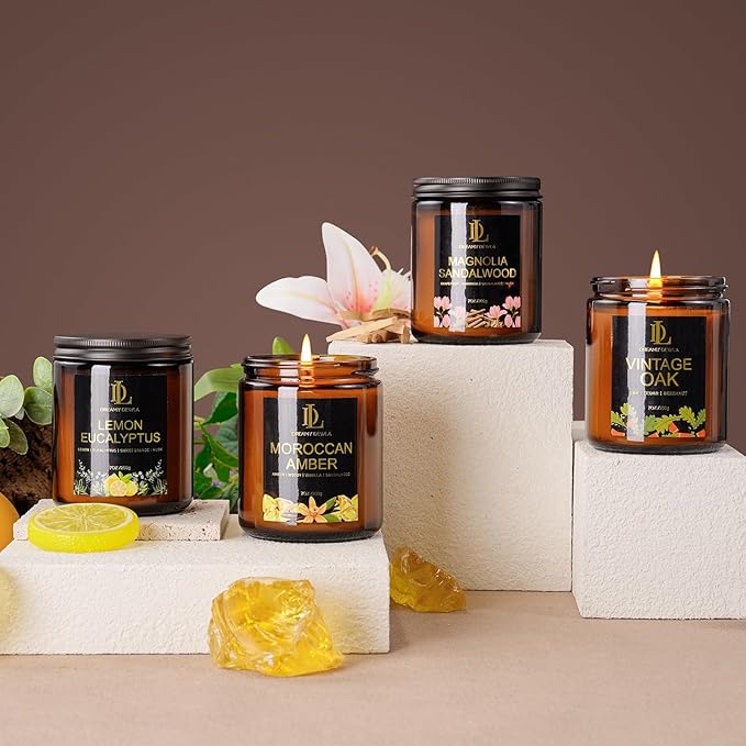 Scented Candle Set, Men Candle Set, Candles for Home Scented Gifts, 4Pack 28oz Soy Candles, Scents of Lemon Eucalyptus/Moroccan Amber/Magnolia & Sandalwood/Vintage Oak - Bloomnest
