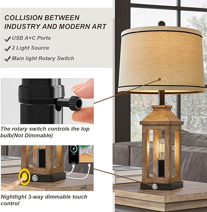 23.75" Farmhouse Table Lamps USB A+C Charging Ports 3-Way Dimmable Touch Control Lamp Nightlight Vintage Modern Lamp for Living Room Bedroom with 2 Light Sources - Bloomnest