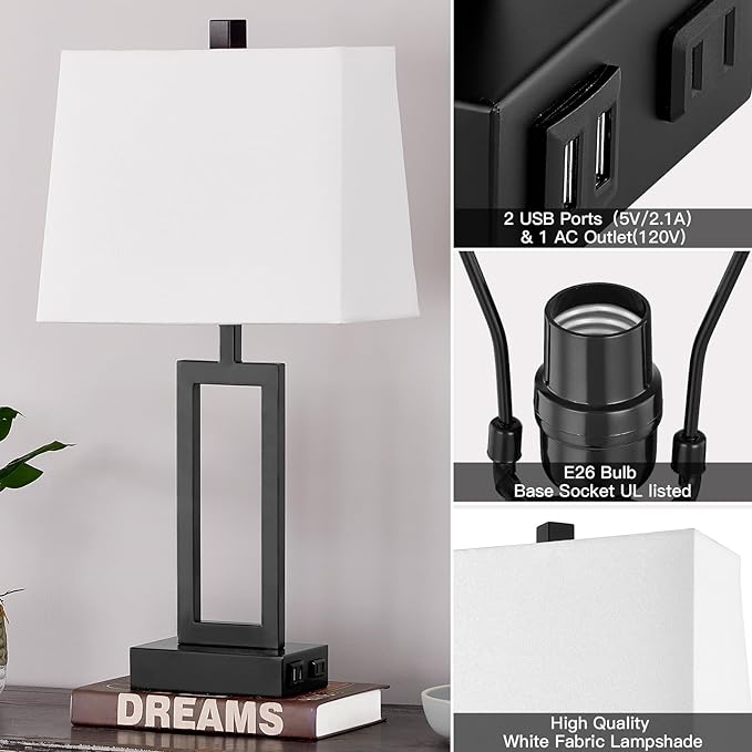 23.5" Touch Control Table Lamps Set of 2, Bedside Lamp with 2 USB Ports & AC Outlet, 3-Way Dimmable Nightstand Lamp with White Linen Shade for Living Room Bedroom End Table Office(2 LED Bulb Included) - Bloomnest