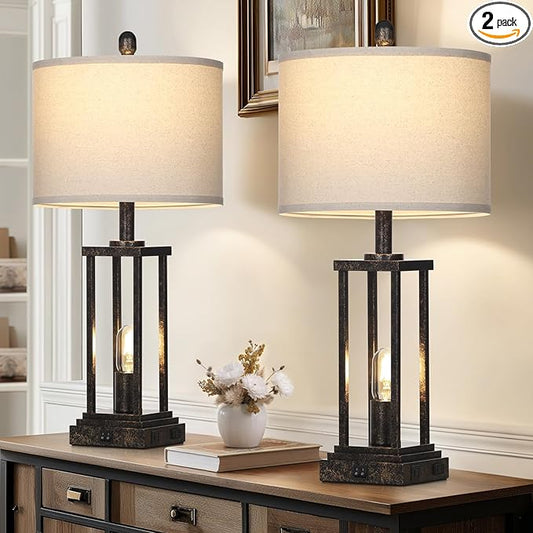 27" Tall Farmhouse Table Lamps with Night Light, Bronze Industrial End Table Lamp for Living Room, Rustic Bedside Lamps Set of 2 with USB C+A Ports & AC Outlet, Vintage Bedroom Lamp for Nightstand - Bloomnest
