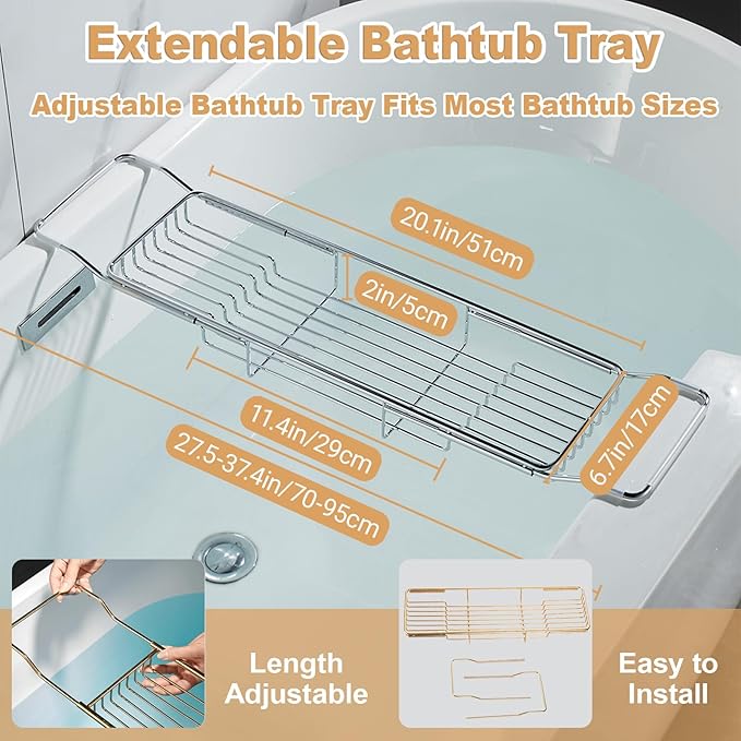 Stainless Steel Bathtub Caddy Tray, Expandable Bath Tub Table, Adjustable Bathroom Tray, Bath Organizer Tub Shelf,Silver,26.8~35.4in - Bloomnest