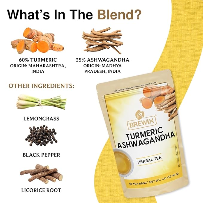 BREWIX, Turmeric Ashwagandha Herbal Tea Bags (20 Pyramid Tea Bags) Adaptogenic Herbs for Stress & Mood Support | Evening Calm & Sleep Support | Real Ingredients From India, Caffeine Free & Naturally Gluten Free | 100% Pure Herbal Blend Packed in Reseal... - Bloomnest